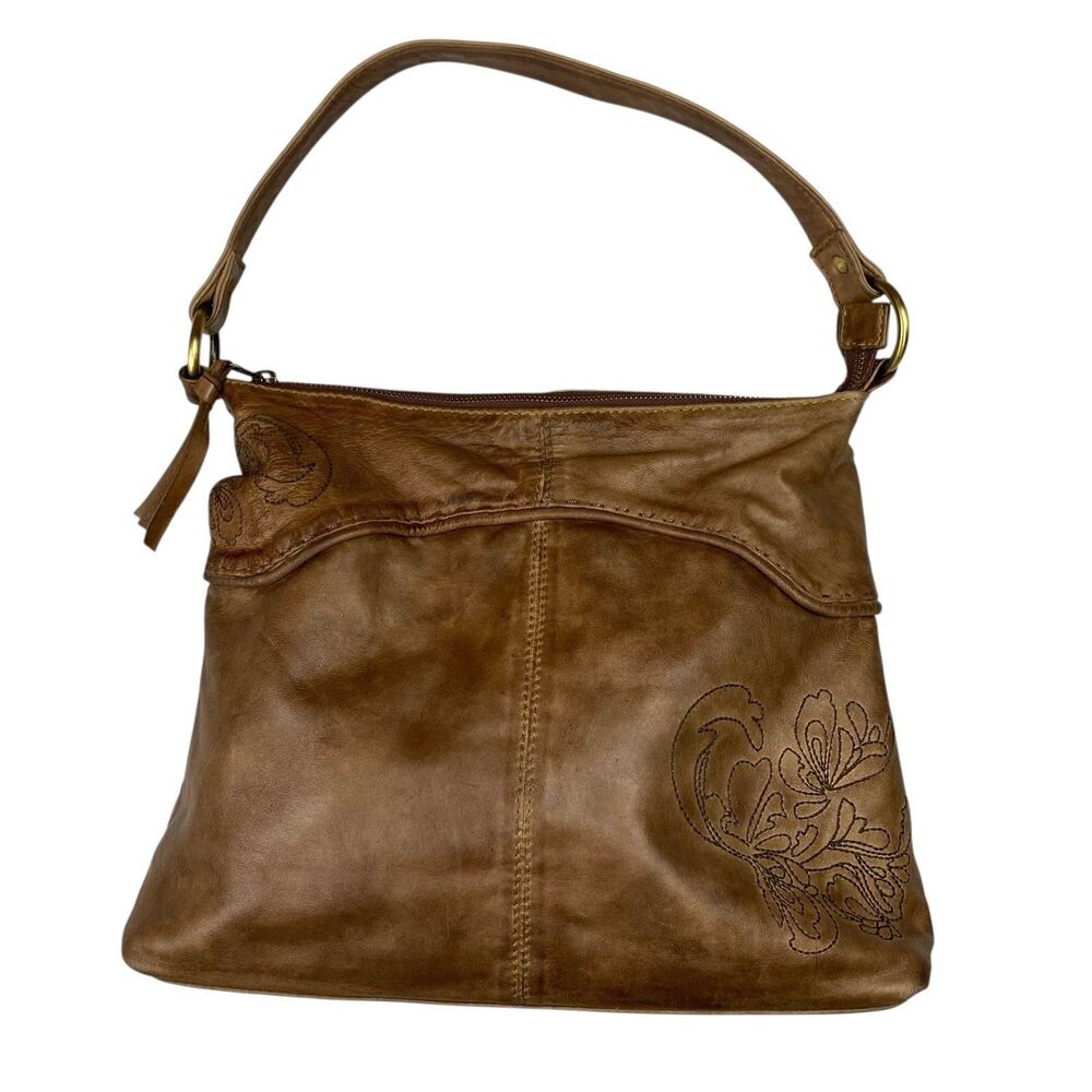 Scully Brown Leather Hobo Shoulder Bag Floral Stitch Boho Soft Slouchy Rustic